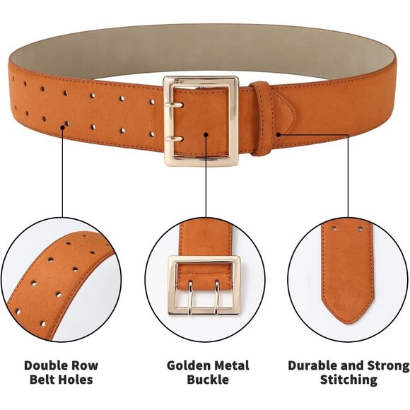 Women Leather Wide Fashion Thick Dress Belt With Gold Buckle Belt Brown Suede - Picture 4 of 7